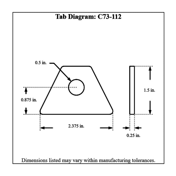 c73-112-10diagram 1/2 Inch Hole, 1/4 Inch Thick, 7/8 Inch Hole Height, Mild Steel Flat Weld Tab