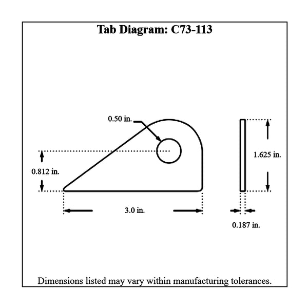 c73-113-4diagram 1/2 Inch Hole, 3/16 Inch Thick, 1-3/16 Inch Hole Height, Mild Steel Flat Weld Tab