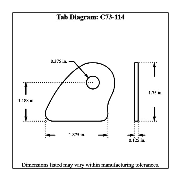 c73-114-4diagram 3/8 Inch Hole, 1/8 Inch Thick, 1-3/16 Inch Hole Height, Mild Steel Flat Weld Tab