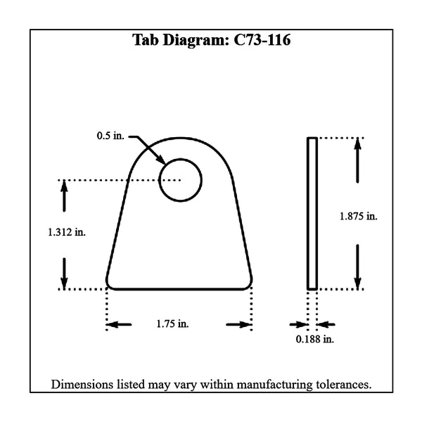 c73-116-4diagram 1/2 Inch Hole, 3/16 Inch Thick, 1-5/16 Inch Hole Height, Mild Steel Flat Weld Tab