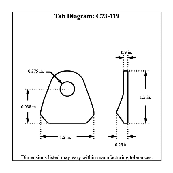 c73-119-10diagram 3/8 Inch Hole, 3/32 Inch Thick, 15/16 Inch Hole Height, Mild Steel Bent Weld Tab