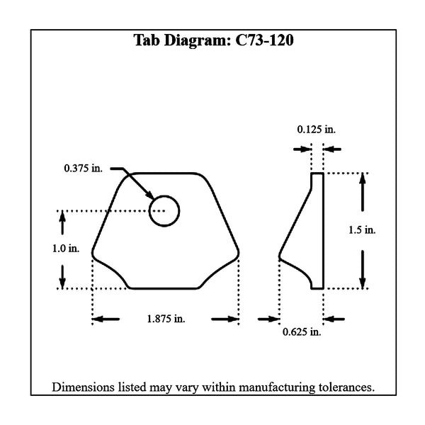 c73-120-10diagram 3/8 Inch Hole, 1/8 Inch Thick, 1 Inch Hole Height, Mild Steel Bent Weld Tab