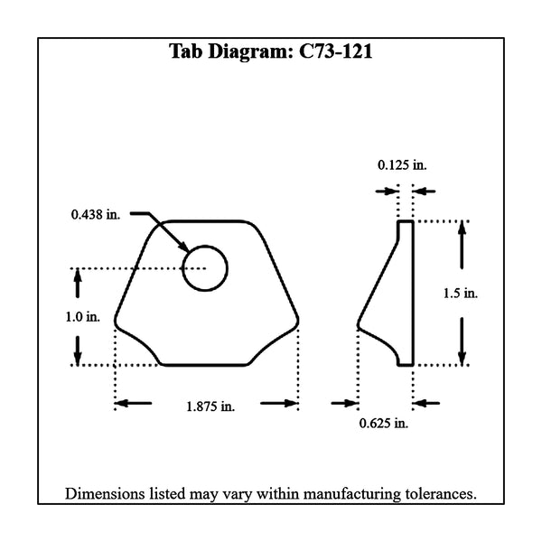 c73-121-10diagram 7/16 Inch Hole, 1/8 Inch Thick, 1 Inch Hole Height, Mild Steel Bent Weld Tab