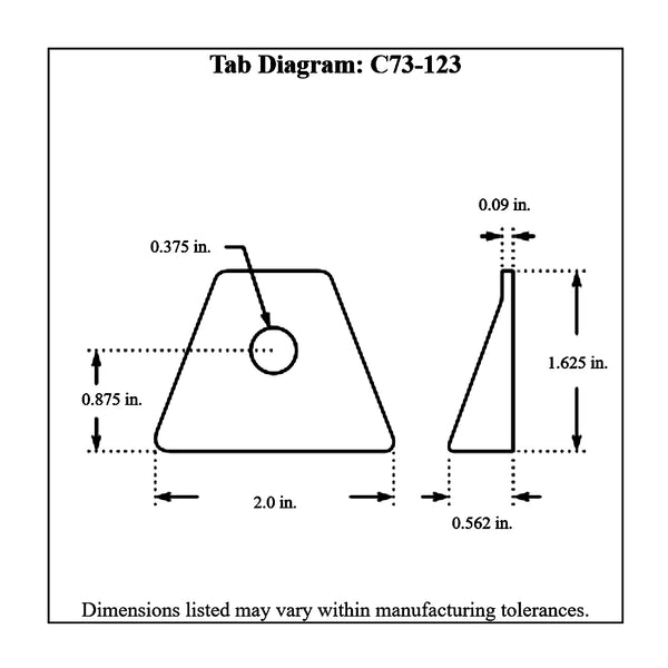 c73-123-10diagram 3/8 Inch Hole, 3/32 Inch Thick, 7/8 Inch Hole Height, Mild Steel Bent Weld Tab