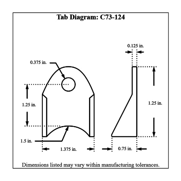 c73-124-4diagram 3/8 Inch Hole, 1/8 Inch Thick, 1-1/4 Inch Hole Height, Fits 1-1/2 Inch Tube, Mild Steel Bent Weld Tab