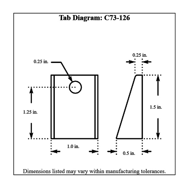 c73-126-4diagram 1/4 Inch Hole, 3/32 Inch Thick, 1-1/4 Inch Hole Height, Mild Steel Bent Weld Tab