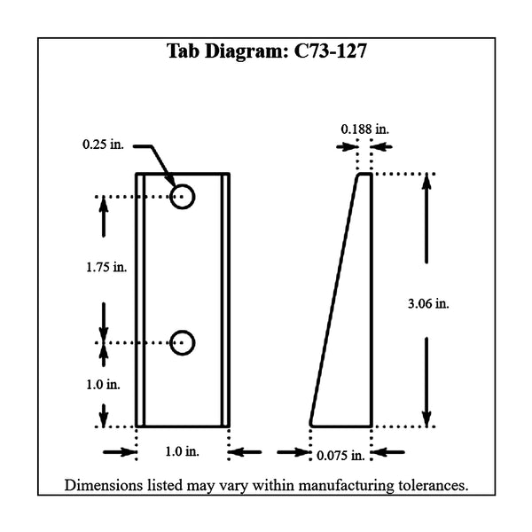 c73-127-4diagram Two 1/4 Inch Holes, 3/32 Inch Thick, 3.06 Inch Hole Height, Mild Steel Bent Weld Tab