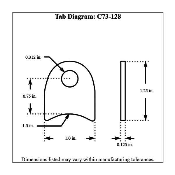 c73-128-4diagram 5/16 Inch Hole, 1/8 Inch Thick, 3/4 Inch Hole Height, 1-1/2 Inch Tube, Mild Steel Radius Weld Tab