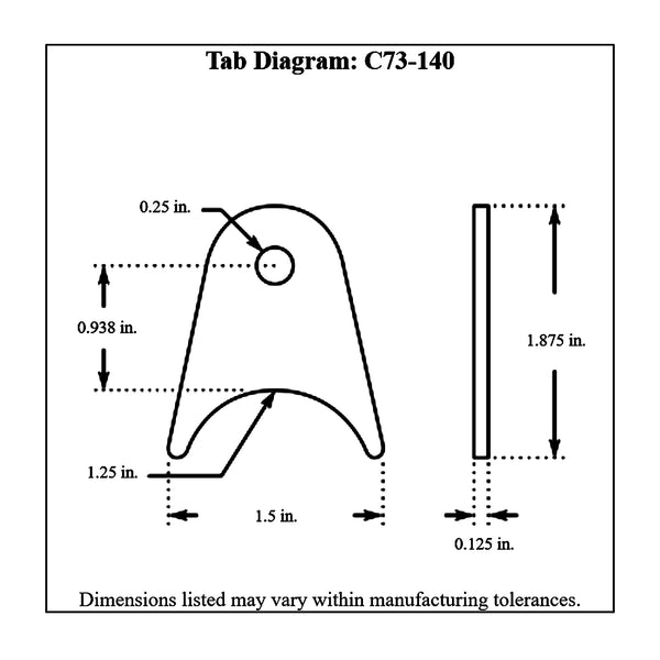 c73-140-4diagram 1/4 Inch Hole, 1/8 Inch Thick, 15/16 Inch Hole Height, 1-1/4 Inch Tube, Mild Steel Radius Weld Tab