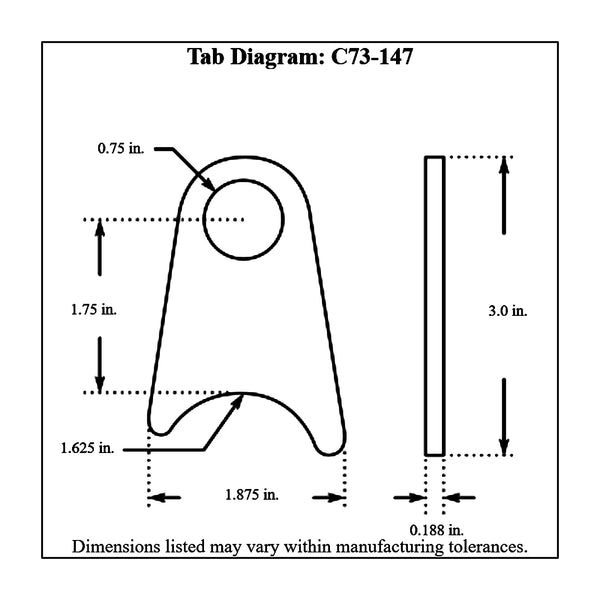 c73-147-4diagram 3/4 Inch Hole, 3/16 Inch Thick, 1-3/4 Inch Hole Height, 1-5/8 Inch Tube, Mild Steel Radius Weld Tab