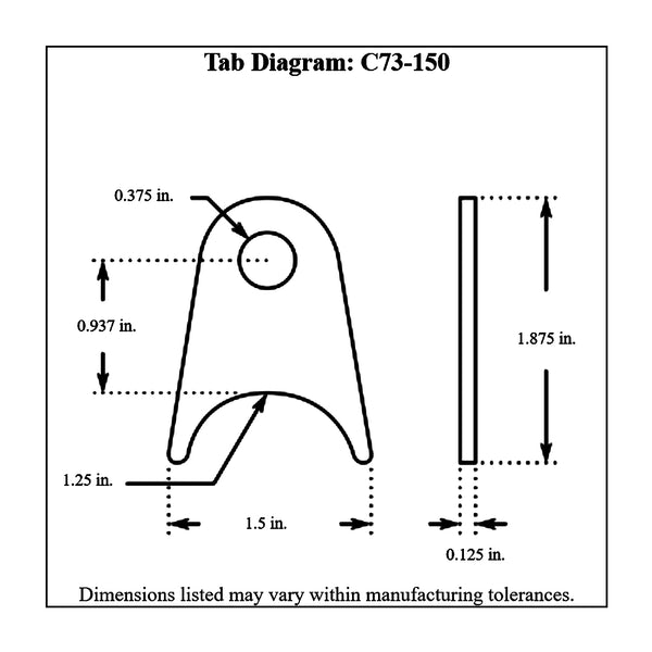 c73-150-4diagram 3/8 Inch Hole, 1/8 Inch Thick, 15/16 Inch Hole Height, 1-1/4 Inch Tube, Mild Steel Radius Weld Tab