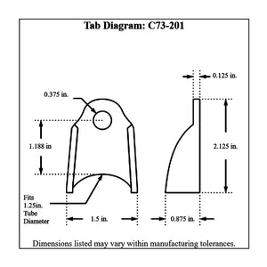 c73-201-4diagram_3d3b510e-993a-4844-8b21-9d8e144aa00d Pro-werks 3/8 Inch Hole, 1/8 Inch Thick, 1-3/16 Inch Hole Height, 1-1/4 Inch Tube, Chromoly Bent Weld Tab, 4130N Each