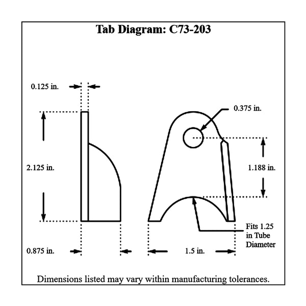 c73-203-4diagram 3/8 Inch Hole, 1/8 Inch Thick, 1-3/16 Inch Hole Height, 1-1/4 Inch Tube, Chromoly Bent Weld Tab, Right, 4130N