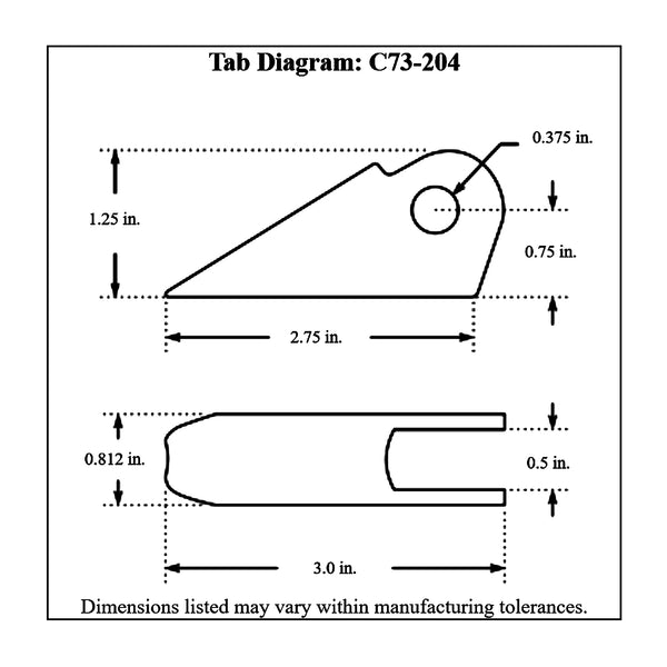 c73-204-2_6b2da9cf-3328-46df-8e47-99391bd02bfb 3/8 Inch Hole, 3/4 Inch Hole Height, 2-3/4 Inch Long, .500 Inch Inside Width, Chromoly Radius Rod Weld Tab, 4130N