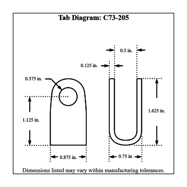 c73-205-20diagram 3/8 Inch Hole, 1-1/8 Inch Hole Height, .500 Inch Inside Width, Chromoly Rod End Clevis, 4130N 7 8 Inch Long: 3 4 Inch Diameter Tube Bag of 20