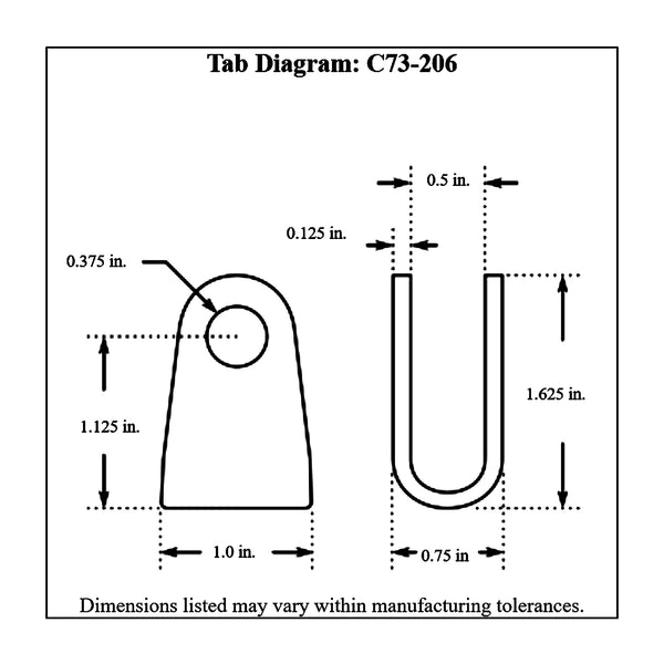 c73-206-20diagram 3/8 Inch Hole, 1-1/8 Inch Hole Height, .500 Inch Inside Width, Chromoly Rod End Clevis, 4130N 1 Inch Long: 7 8 Inch Diameter Tube Bag of 20