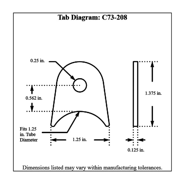 c73-208-4diagram 1/4 Inch Hole, 1/8 Inch Thick, 1/2 Inch Hole Height, 1-1/4 Inch Tube, Chromoly Radius Weld Tab, 4130N