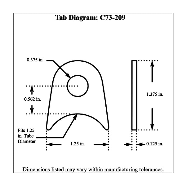 c73-209-4diagram 3/8 Inch Hole, 1/8 Inch Thick, 9/16 Inch Hole Height, 1-1/4 Inch Tube, Chromoly Radius Weld Tab, 4130N