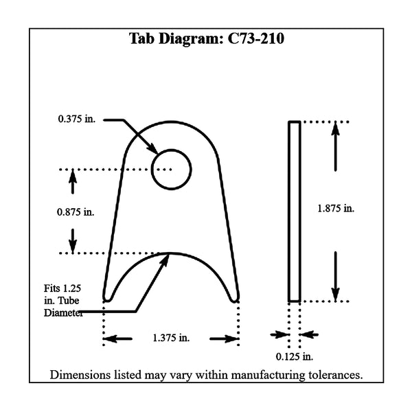 c73-210-4diagram 3/8 Inch Hole, 1/8 Inch Thick, 7/8 Inch Hole Height, 1-1/4 Inch Tube, Chromoly Radius Weld Tab, 4130N