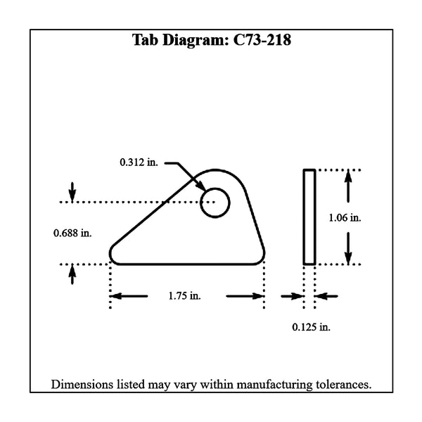 c73-218-4diagram 5/16 Inch Hole, 1/8 Inch Thick, 11/16 Inch Hole Height, Chromoly Flat Weld Tab, 4130N