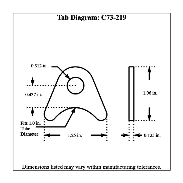 c73-219-4diagram 5/16 Inch Hole, 1/8 Inch Thick, 7/16 Inch Hole Height, 1 Inch Tube, Chromoly Radius Weld Tab, 4130N