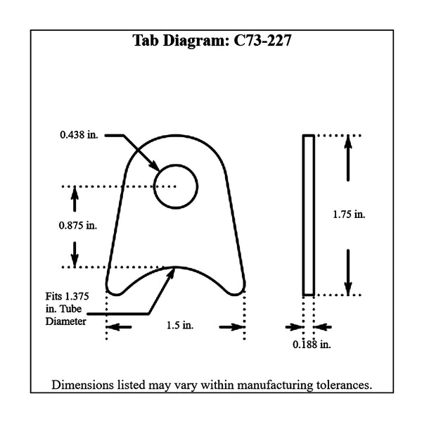 c73-227-4diagram 7/16 Inch Hole, 3/16 Inch Thick, 7/8 Inch Hole Height, 1-3/8 Inch Tube, Chromoly Radius Weld Tab, 4130N