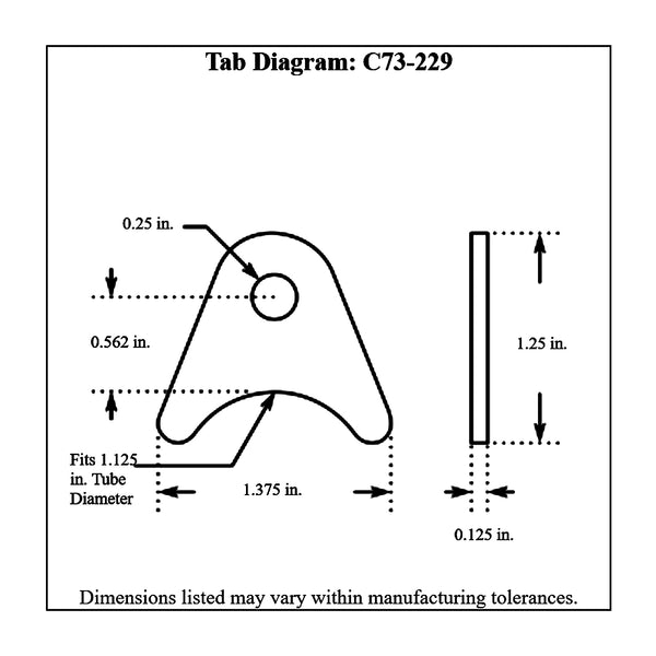 c73-229-4diagram 1/4 Inch Hole, 1/8 Inch Thick, 9/16 Inch Hole Height, 1-1/8 Inch Tube, Chromoly Radius Weld Tab, 4130N