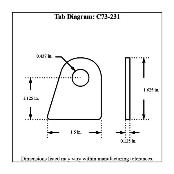 c73-231-4diagram 7/16 Inch Hole, 1/8 Inch Thick, 1-1/8 Inch Hole Height, Chromoly Flat Weld Tab, 4130N