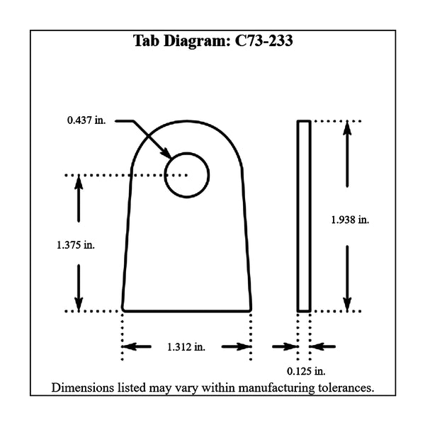 c73-233-4diagram 7/16 Inch Hole, 1/8 Inch Thick, 1-3/8 Inch Hole Height, Chromoly Flat Weld Tab, 4130N