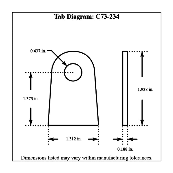 c73-234-4diagram 7/16 Inch Hole, 3/16 Inch Thick, 1-3/8 Inch Hole Height, Chromoly Flat Weld Tab, 4130N