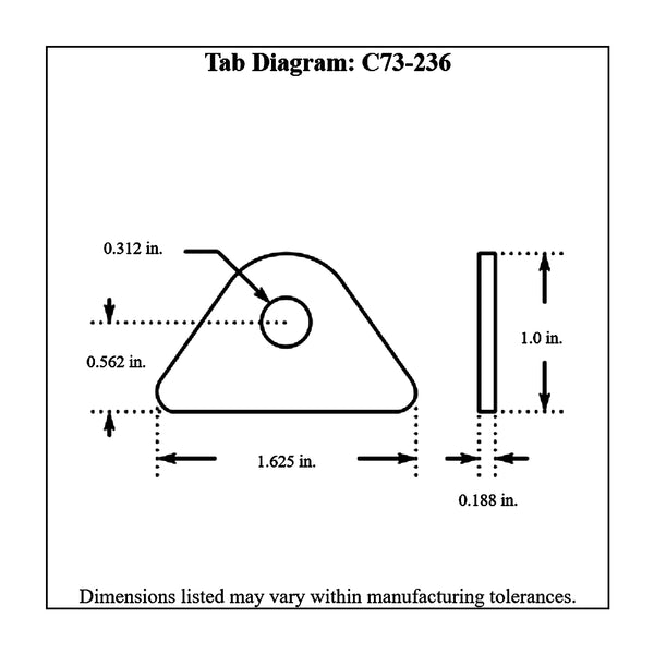 c73-236-4diagram 5/16 Inch Hole, 3/16 Inch Thick, 9/16 Inch Hole Height, Chromoly Flat Weld Tab, 4130N