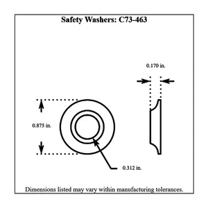 Dimensioned drawing of Pro-Werks mild steel rod end safety washer, front and side views: 0.875 in. outside diameter, 0.312 in. bore, 0.170 in. thick