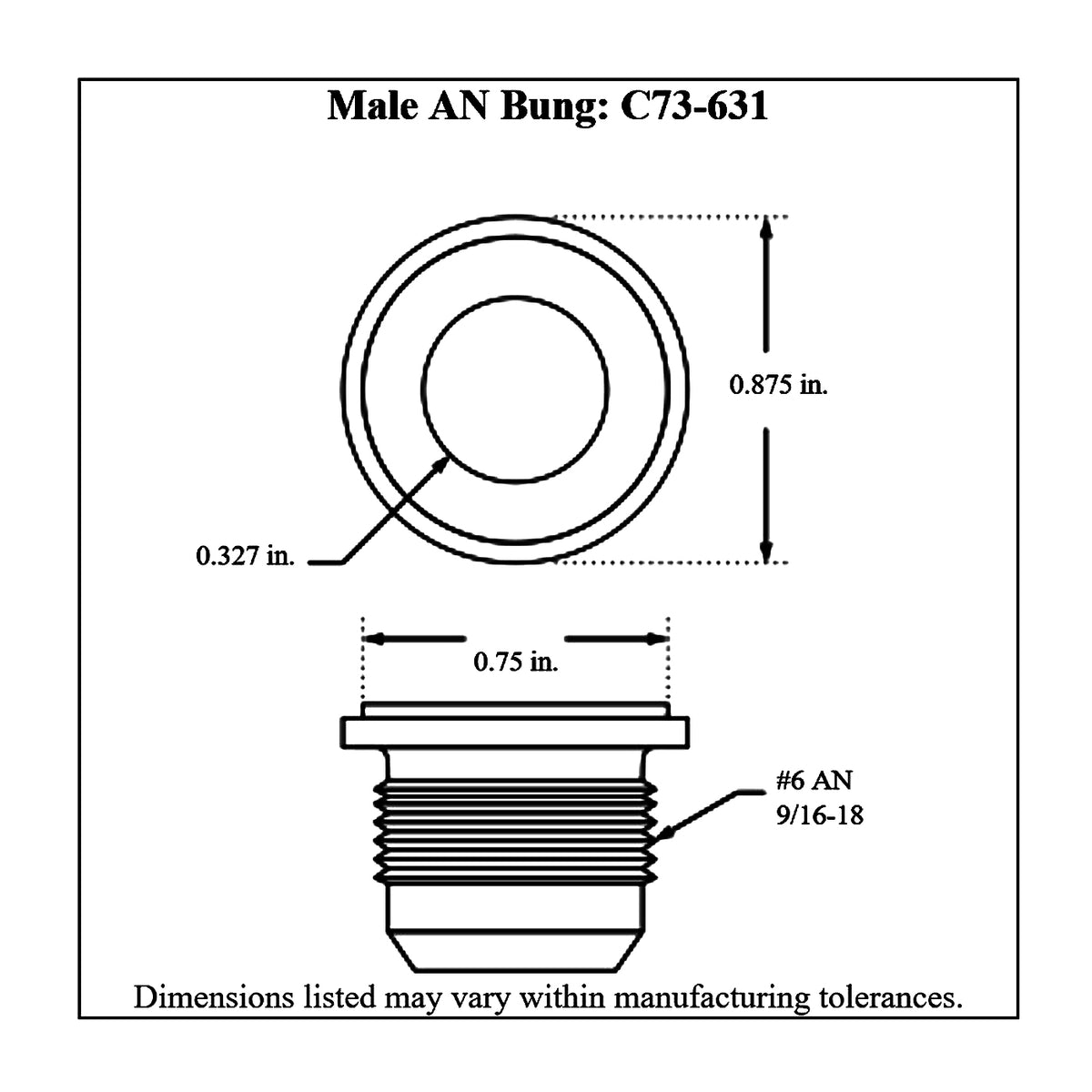 Dimensioned drawing of a Pro-Werks mild steel male weld bung with #6 AN 9/16-18 thread, 0.875 in. flange diameter and 0.327 in. bore