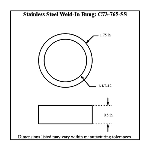 c73-765-ssdiagram Weld Fill Cap Bung Stainless Steel For 2 Inch Fill Cap 1 2 Inch Tall