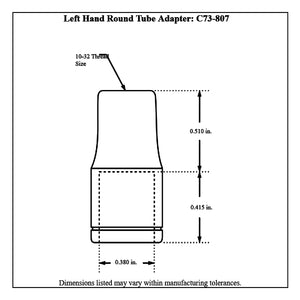 c73-807-2diagram Pro-werks 3/8" OD X .058” (0.259" ID) Tube Size, Chromoly Steel 4130N Round Tube Adapter 10-32 Left Hand Each