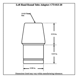 Dimensioned drawing of Pro-Werks 4130N chromoly tube adapter, 1/4-28 thread, 0.512 in. upper section, 0.415 in. shank and 0.382 in. shank diameter