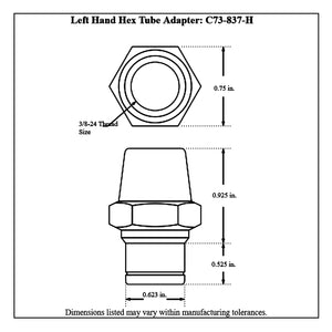 Dimensioned drawing of a Pro-Werks left hand 4130N chromoly tube adapter for 3/4 in. OD x 0.634 in. ID tube, 3/8-24 thread and 0.623 in. shank diameter