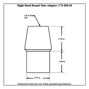 Dimensioned drawing of a Pro-Werks right hand round tube adapter in 4130N chromoly, 3/8-24 thread, 0.790 in. tapered section and 0.757 in. shank diameter