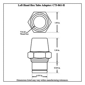 Dimensioned drawing of a Pro-Werks left hand 4130N chromoly hex tube adapter for 7/8 in. OD x 0.759 in. ID tube, 7/16-20 thread and 0.757 in. shank diameter