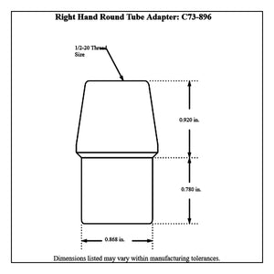 Dimensioned drawing of a Pro-Werks right hand 4130N chromoly round tube adapter for 1 in. OD x 0.870 in. ID tube, 1/2-20 thread and 0.868 in. shank diameter