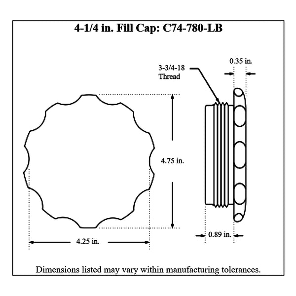 c74-715-blkdiagram Easy Turn Fill Cap with Lanyard Boss and Aluminum Fuel Cell Bung Black 12 Bolt: 4-1 4 Inch Cap Black