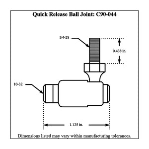 c90-044 Pro-werks Quick Release Ball Joint Cable End, 10-32 NF Right Hand Threads on Cable Attachment 1 4-28 NF Right Hand