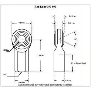 c90-090diagram Pro-werks Rod End Cable End, 3/16 Dia. Hole x 10-32 NF Right Hand Threads on Cable Attachment