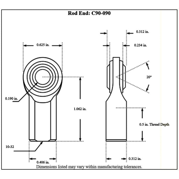 c90-090diagram Rod End Cable End, 3/16 Dia. Hole x 10-32 NF Right Hand Threads on Cable Attachment